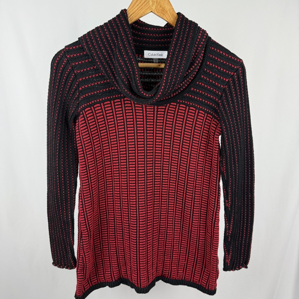 Calvin Klein Womens Small Cotton Cowl Neck Sweater‎ Red & Black - Picture 2 of 6